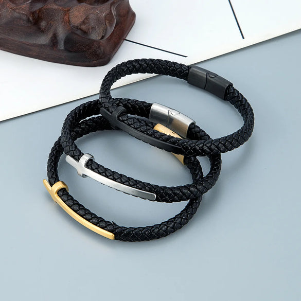 Retro Punk Geometric 316L Stainless Steel  Leather Men'S Wristband Men Cord & Leather Bracelets