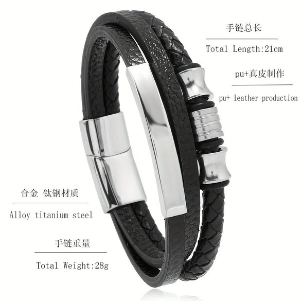 Retro Punk Geometric Pu Leather Alloy Titanium Steel Men'S Bracelets Men Cord & Leather Bracelets