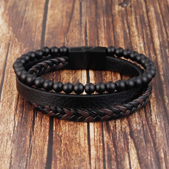 Retro Punk Geometric Pu Leather Natural Stone Beaded Knitting Men'S Bracelets