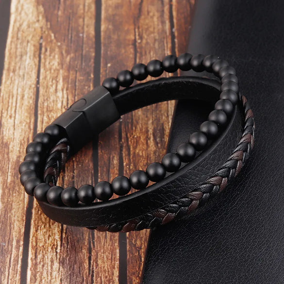 Retro Punk Geometric Pu Leather Natural Stone Beaded Knitting Men'S Bracelets