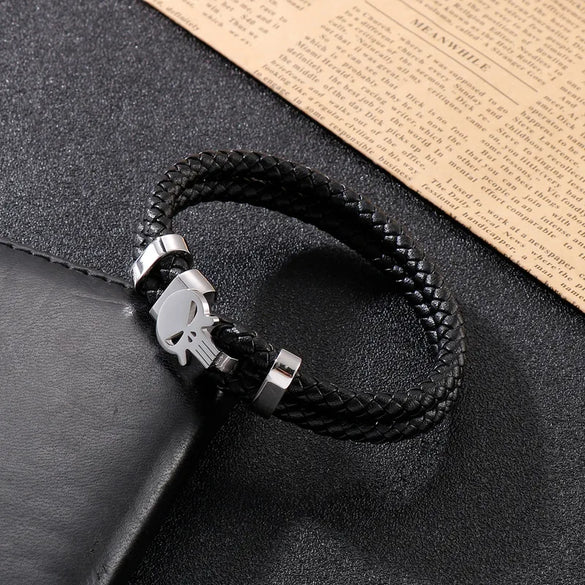 Retro Punk Geometric Pu Leather Titanium Steel Braid Men'S Bangle