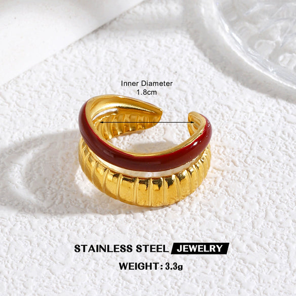Retro Red Oil Drip Stainless Steel Ring For Women With Heart Flower Design Geometric Line Pattern And Electroplated Finish