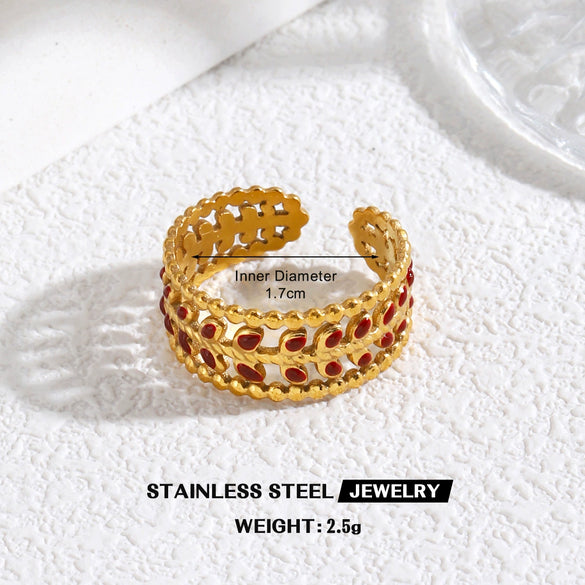 Retro Red Oil Drip Stainless Steel Ring For Women With Heart Flower Design Geometric Line Pattern And Electroplated Finish