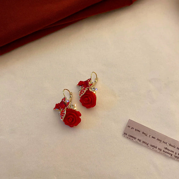 Retro Red Rose Petal Acrylic Earrings Flower Shape Festive Ear Studs
