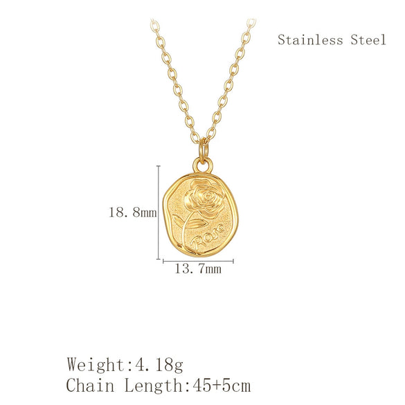 Retro Romantic Rose Flower Pendant Necklace For Women Gold Plated Titanium Steel Round Floral Collarbone Chain