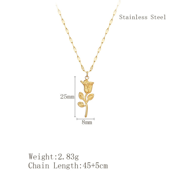 Retro Romantic Rose Flower Pendant Necklace For Women Gold Plated Titanium Steel Round Floral Collarbone Chain
