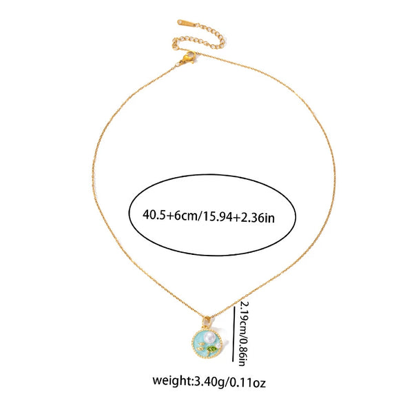 Retro Round Pearl Necklace For Women Titanium Steel And Copper With Enamel Leaf Design Electroplated O Word Chain