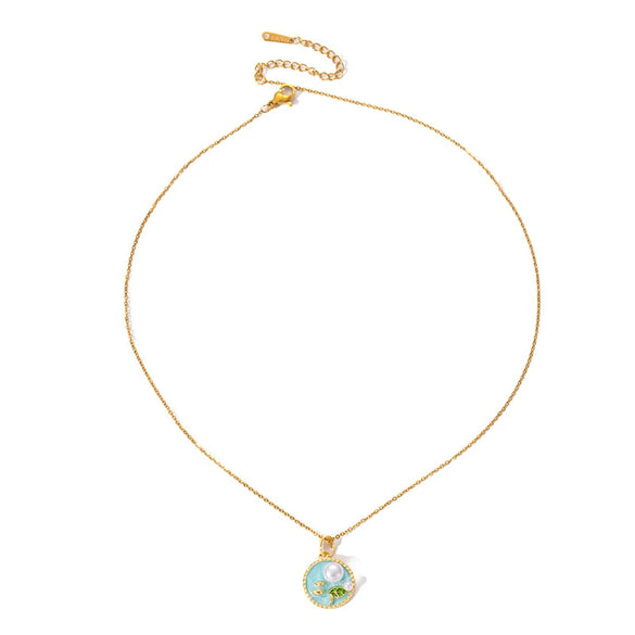 Retro Round Pearl Necklace For Women Titanium Steel And Copper With Enamel Leaf Design Electroplated O Word Chain