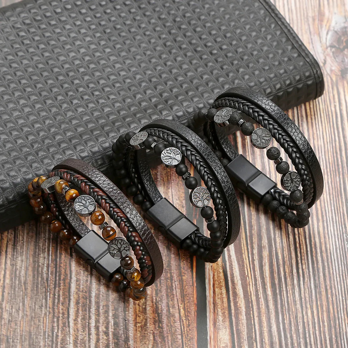 Retro Round Stainless Steel Natural Stone Volcanic Rock Magnet Beaded ...