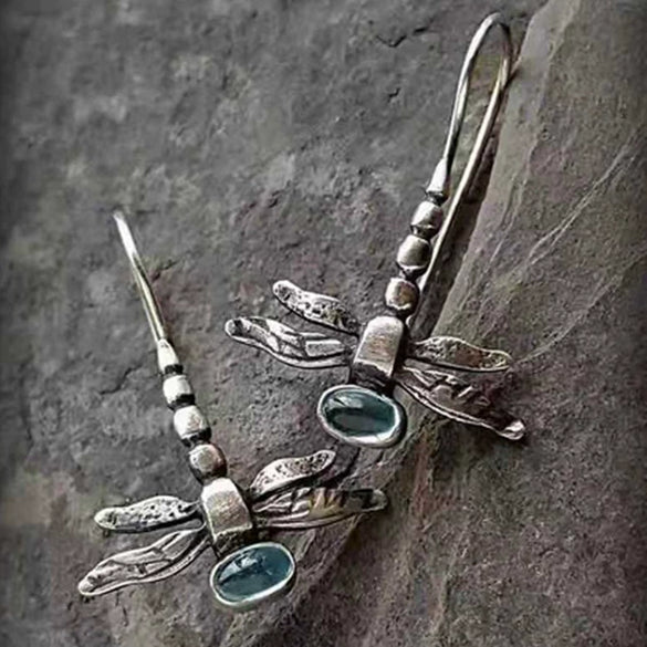 Retro Silver Tone Alloy Dragonfly Hook Earrings Electroplated Multicolor Insect Dangle Earrings For Women