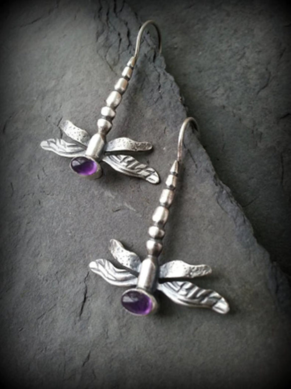 Retro Silver Tone Alloy Dragonfly Hook Earrings Electroplated Multicolor Insect Dangle Earrings For Women