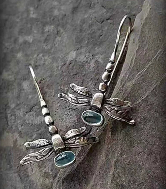 Retro Silver Tone Alloy Dragonfly Hook Earrings Electroplated Multicolor Insect Dangle Earrings For Women