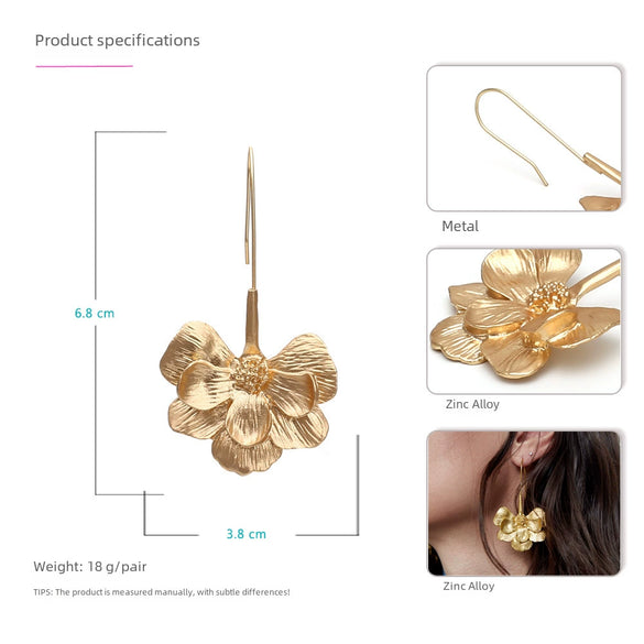 Retro Simple Allmatch Long Golden Flower Ear Hook Earrings For Women Made Of Alloy With Electroplating Design