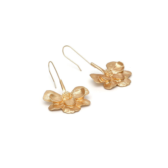 Retro Simple Allmatch Long Golden Flower Ear Hook Earrings For Women Made Of Alloy With Electroplating Design
