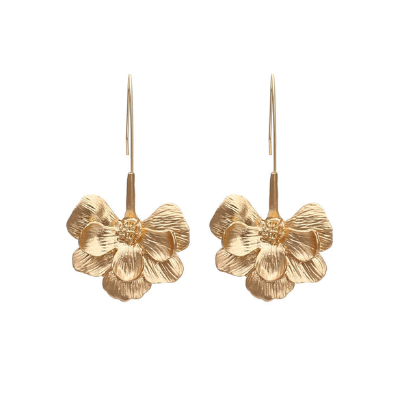 Retro Simple Allmatch Long Golden Flower Ear Hook Earrings For Women Made Of Alloy With Electroplating Design
