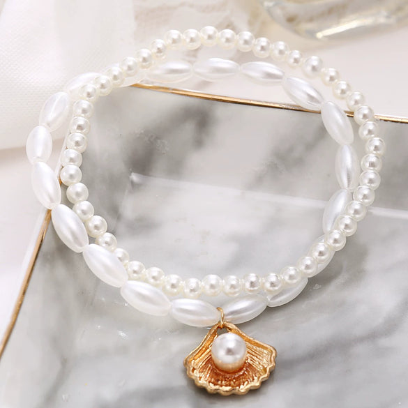 Retro Simple Artificial Pearl Shell Pendant Double Layer Alloy Anklet For Women Summer Beach