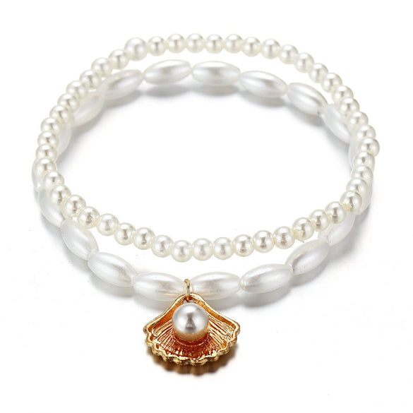 Retro Simple Artificial Pearl Shell Pendant Double Layer Alloy Anklet For Women Summer Beach