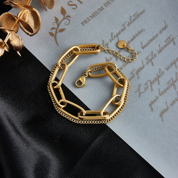 Retro Simple Double Layer Stacked Chain Stainless Steel Jewelry Bracelet For Women With Electroplating Treatment