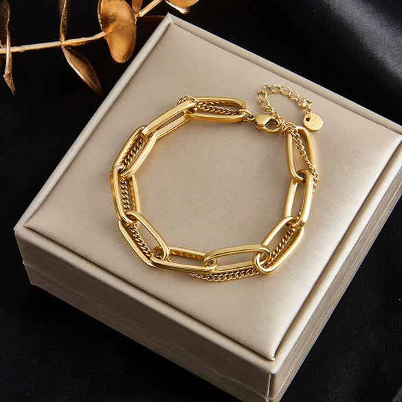 Retro Simple Double Layer Stacked Chain Stainless Steel Jewelry Bracelet For Women With Electroplating Treatment