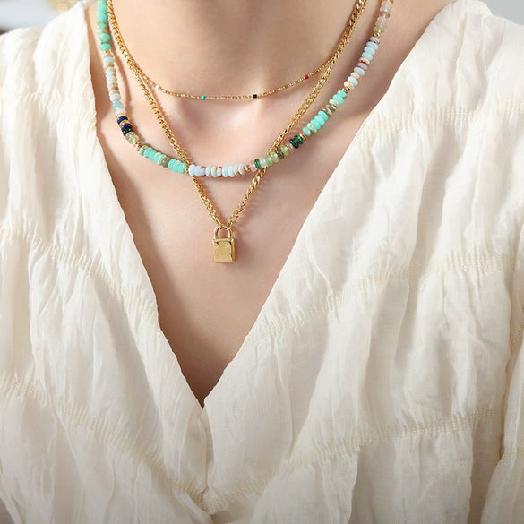 Retro Simple Geometric Titanium Steel Rice Bead Chain Necklace With Stitching And Drop Glaze And Electroplating
