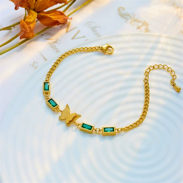 Retro Simple Jewelry Versatile Bracelet Stainless Steel Chain Butterfly Square Green