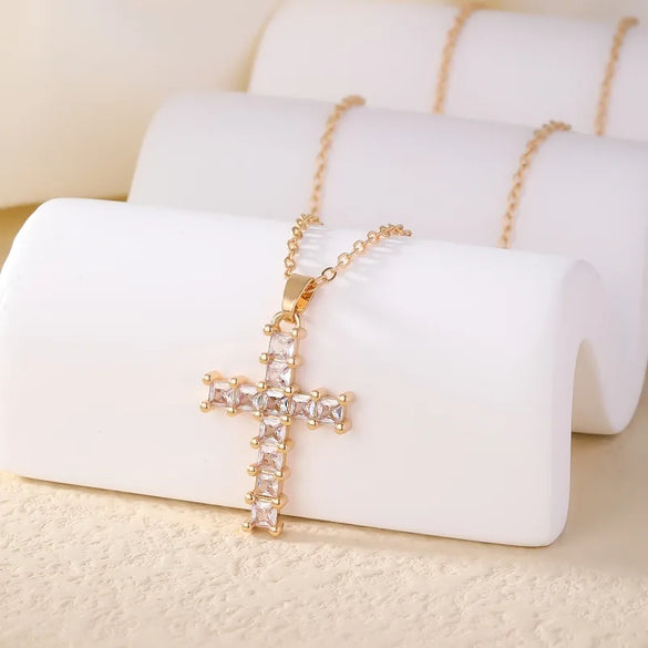Wholesale Retro Simple Style Cross 304 Stainless Steel Copper Plating Inlay K Gold Plated Rhodium Plated Zircon Necklace Pendant