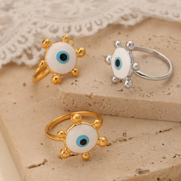 Retro Simple 316L Stainless Steel Goldplated Enamel Eye Jewelry Set Earrings And Ring
