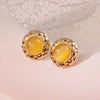 Retro Small Round Cake Quilted Pattern Colorful Goldrimmed Button Stainless Steel Earrings