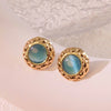 Retro Small Round Cake Quilted Pattern Colorful Goldrimmed Button Stainless Steel Earrings