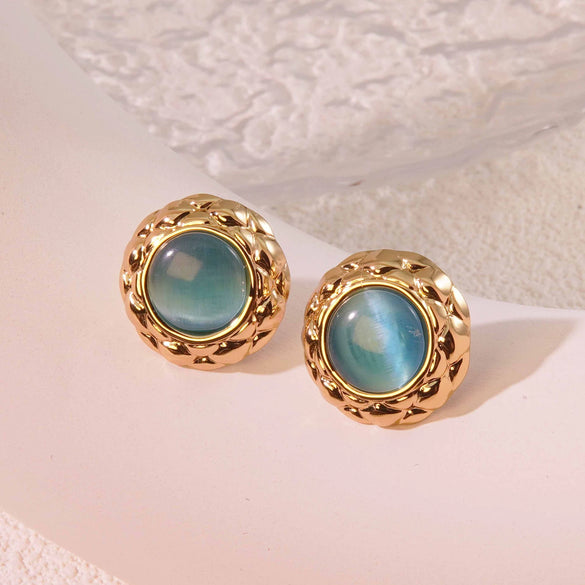 Retro Small Round Cake Quilted Pattern Colorful Goldrimmed Button Stainless Steel Earrings