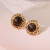 Retro Small Round Cake Quilted Pattern Colorful Goldrimmed Button Stainless Steel Earrings