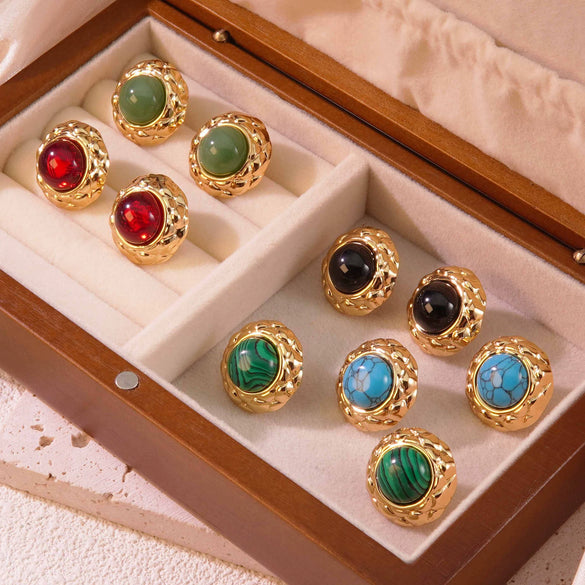 Retro Small Round Cake Quilted Pattern Colorful Goldrimmed Button Stainless Steel Earrings