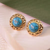 Retro Small Round Cake Quilted Pattern Colorful Goldrimmed Button Stainless Steel Earrings