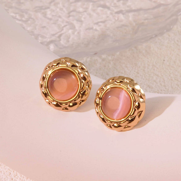 Retro Small Round Cake Quilted Pattern Colorful Goldrimmed Button Stainless Steel Earrings