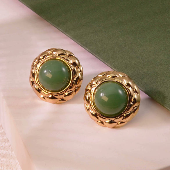 Retro Small Round Cake Quilted Pattern Colorful Goldrimmed Button Stainless Steel Earrings