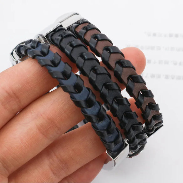 Retro Solid Color 304 Stainless Steel Pu Leather Polishing Men'S Bangle Men Cord & Leather Bracelets