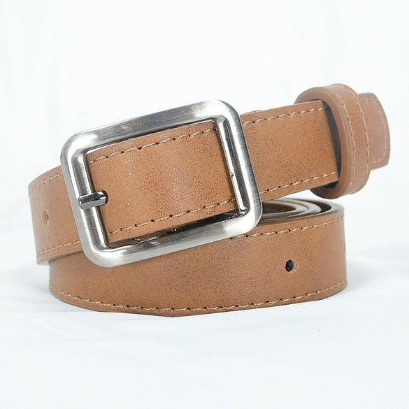Retro Solid Color Casual Thin Belt For Women Imitation Leather Square Alloy Pin Buckle All Match Style
