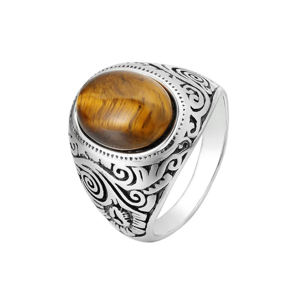 Retro Solid Color Titanium Steel Inlay Turquoise Men'S Rings