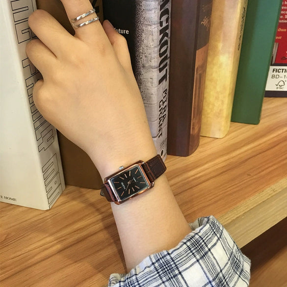 Retro Square Belt Watch Alloy Case Stainless Steel Clasp Genuine Leather Strap For Female