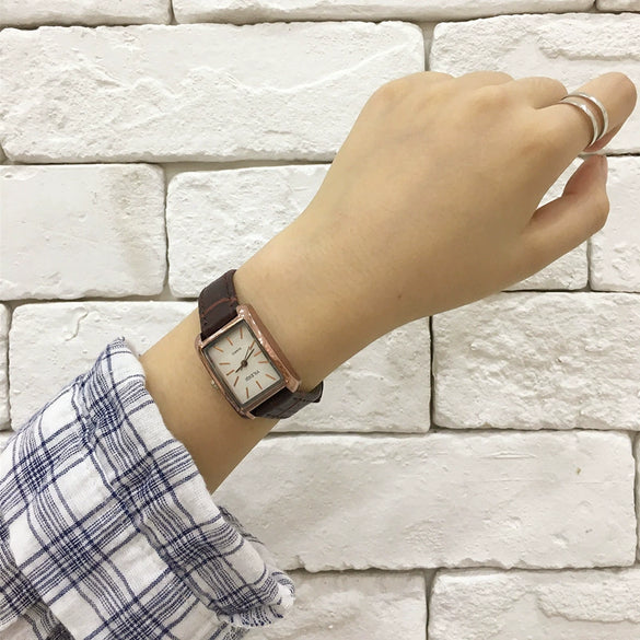 Retro Square Belt Watch Alloy Case Stainless Steel Clasp Genuine Leather Strap For Female