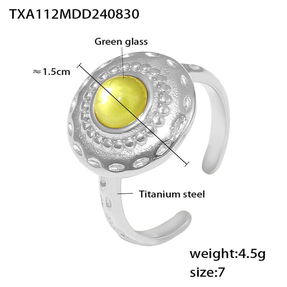 Retro Square Thread Green Glass Titanium Steel Earrings And Open Ring For Women Pvd Plated 18K Gold Court Style