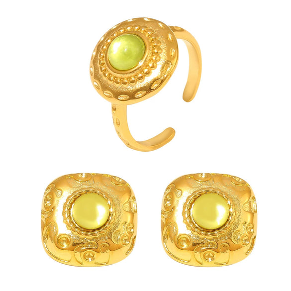 Retro Square Thread Green Glass Titanium Steel Earrings And Open Ring For Women Pvd Plated 18K Gold Court Style