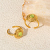 Retro Square Thread Green Glass Titanium Steel Earrings And Open Ring For Women Pvd Plated 18K Gold Court Style