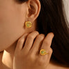 Retro Square Thread Green Glass Titanium Steel Earrings And Open Ring For Women Pvd Plated 18K Gold Court Style