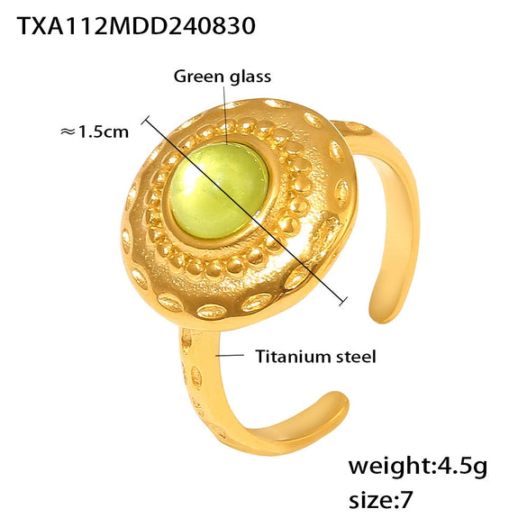 Retro Square Thread Green Glass Titanium Steel Earrings And Open Ring For Women Pvd Plated 18K Gold Court Style