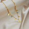 Retro Stacked Doublelayer Stainless Steel Chain Blue Turquoise Geometric Round Star Feather Pendant Necklace With Electroplating