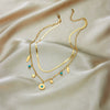 Retro Stacked Doublelayer Stainless Steel Chain Blue Turquoise Geometric Round Star Feather Pendant Necklace With Electroplating