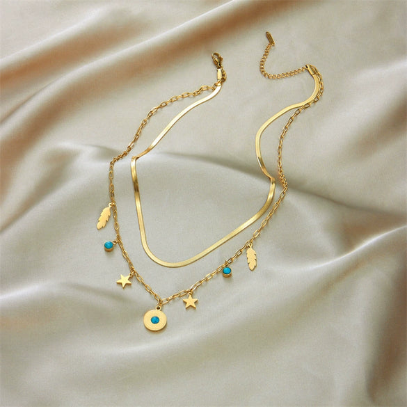 Retro Stacked Doublelayer Stainless Steel Chain Blue Turquoise Geometric Round Star Feather Pendant Necklace With Electroplating