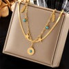 Retro Stacked Doublelayer Stainless Steel Chain Blue Turquoise Geometric Round Star Feather Pendant Necklace With Electroplating