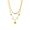 Retro Stacked Doublelayer Stainless Steel Chain Blue Turquoise Geometric Round Star Feather Pendant Necklace With Electroplating